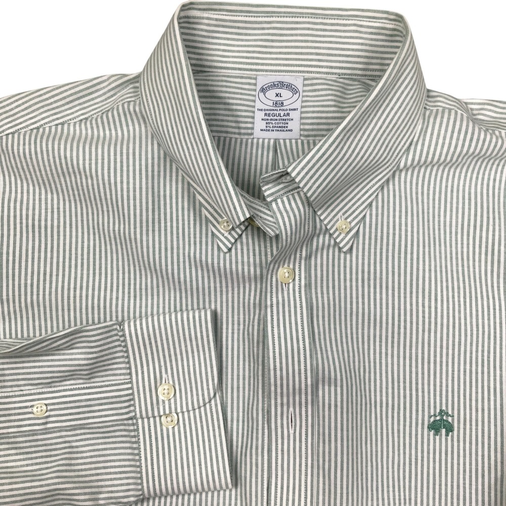 Brooks Brothers Mens XL Green Stripe Preppy Academic Classic Non Iron Stretch